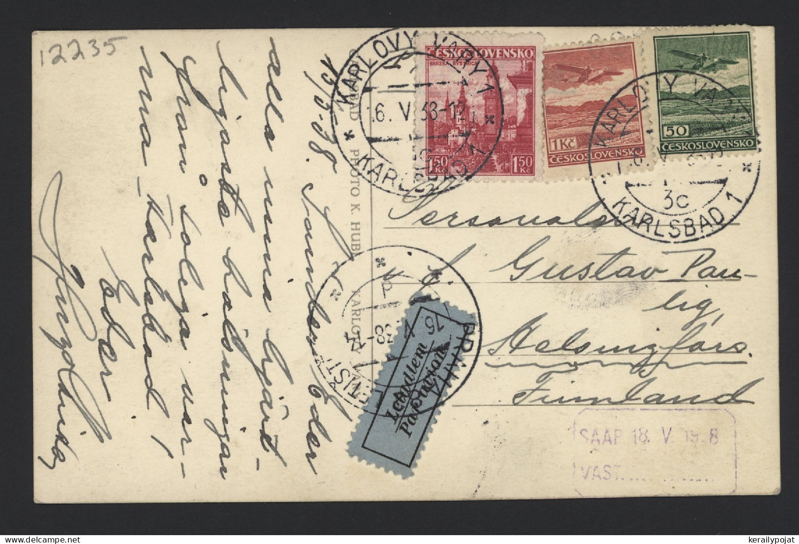 Czechoslovakia 1938 Karlovy Air Mail Card To Finland__(12235) - Luchtpost