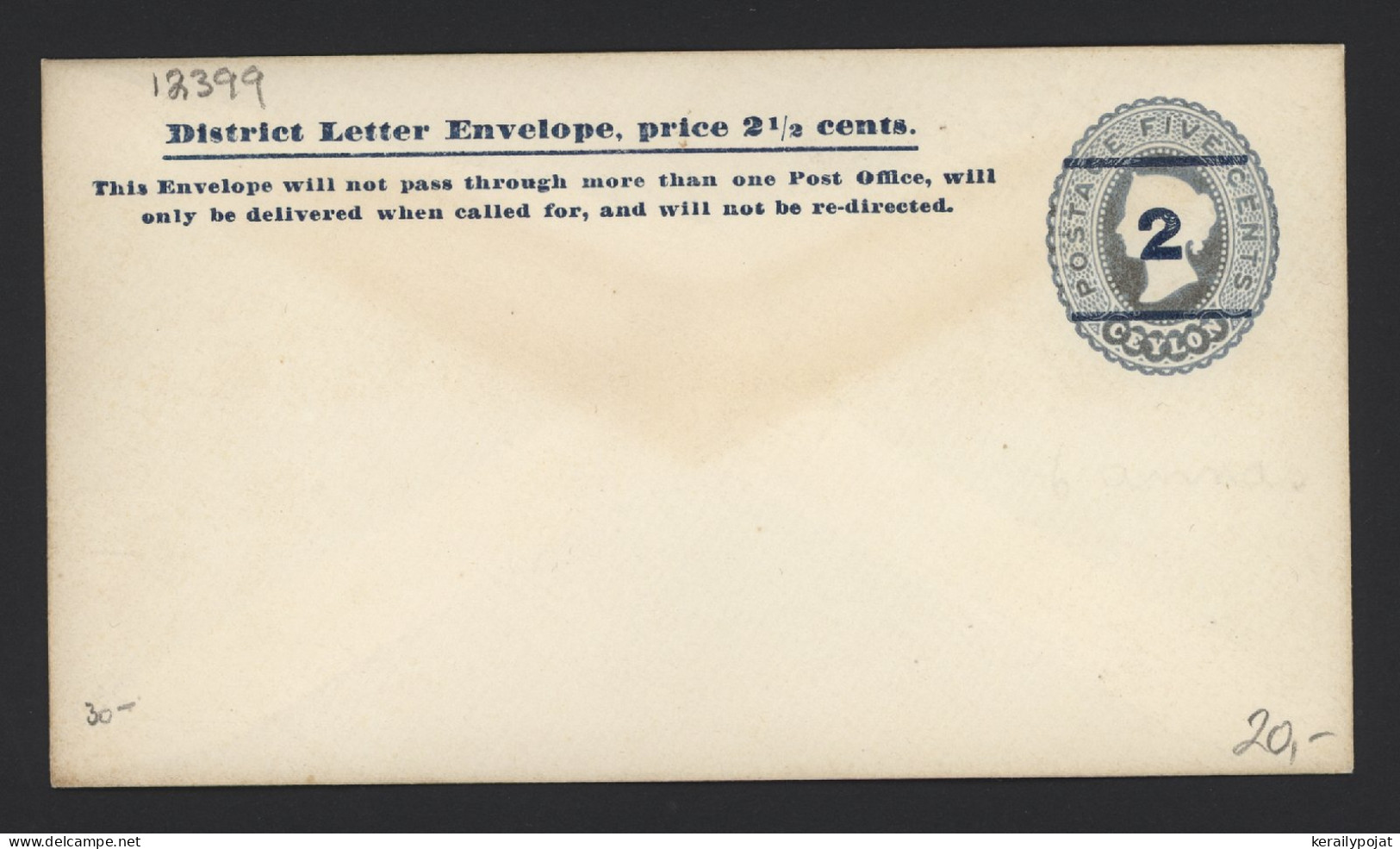 Ceylon 2c Overprinted Unused Stationery Envelope__(12399) - Ceylon (...-1947)