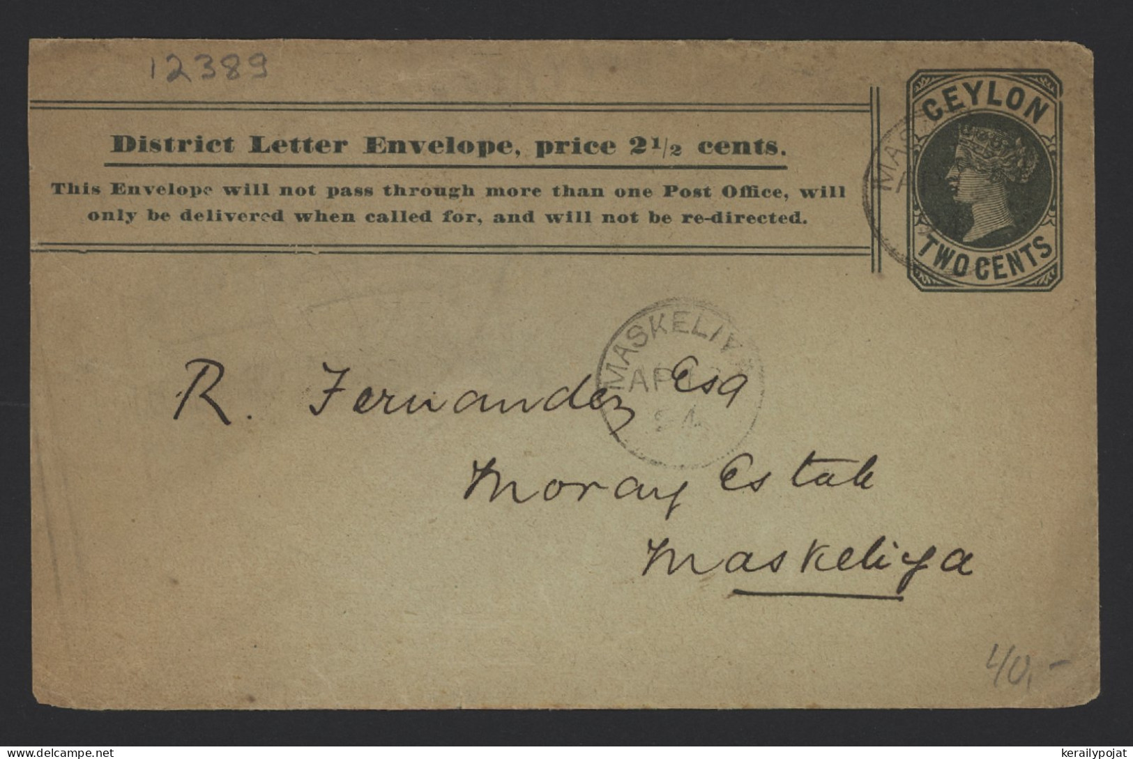 Ceylon 1894 Maskeliya Two Cents Stationery Envelope__(12389) - Ceylon (...-1947)