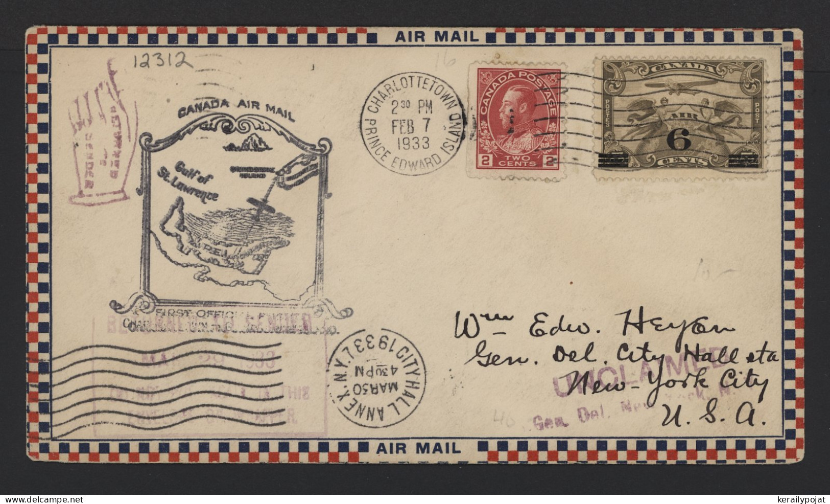 Canada 1933 Charlottetown Air Mail Cover To USA__(12312) - Airmail