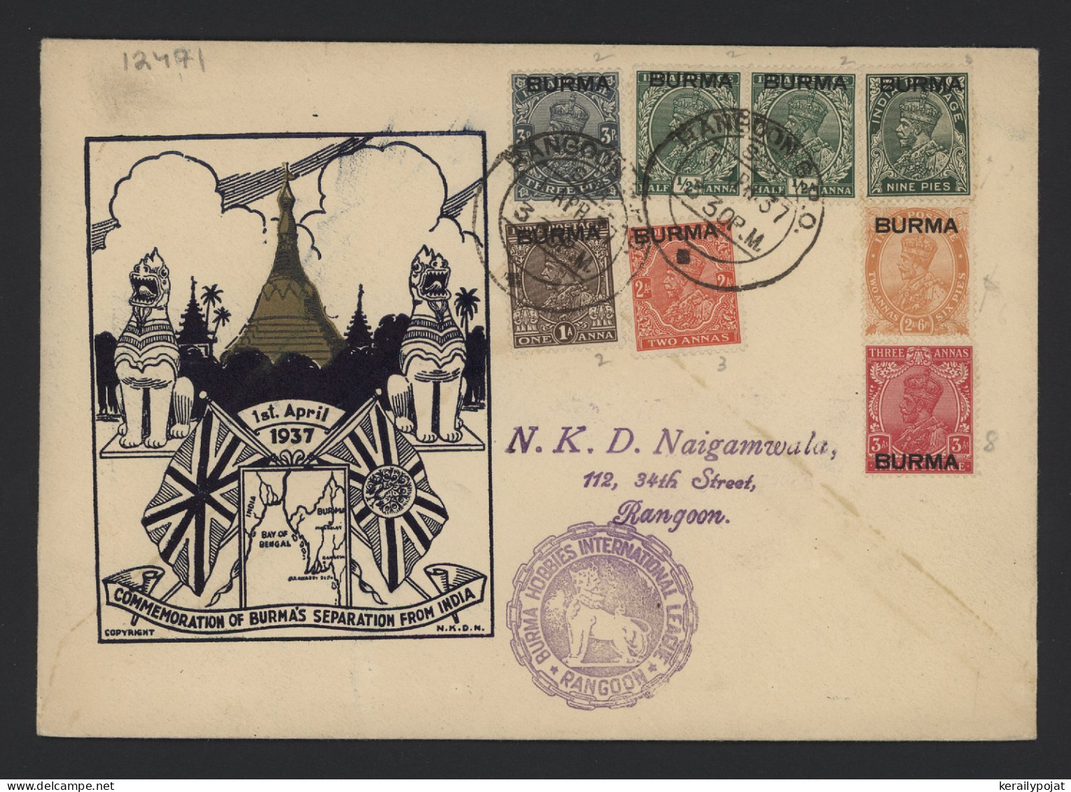 Burma 1937 Rangoon Cover__(12471) - Myanmar (Birmanie 1948-...)