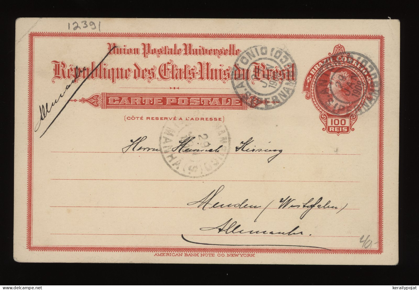 Brazil 1909 Santo Antonio Stationery Card To Germany__(12391) - Interi Postali