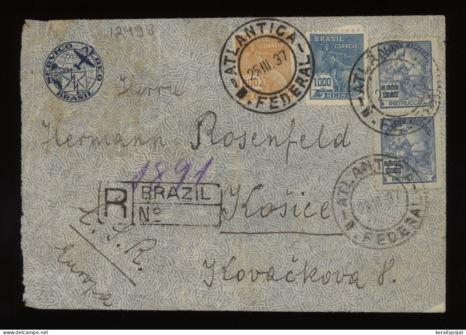 Brazil 1937 Atlantica Air Mail Cover To Czechoslovakia__(12498) - Airmail