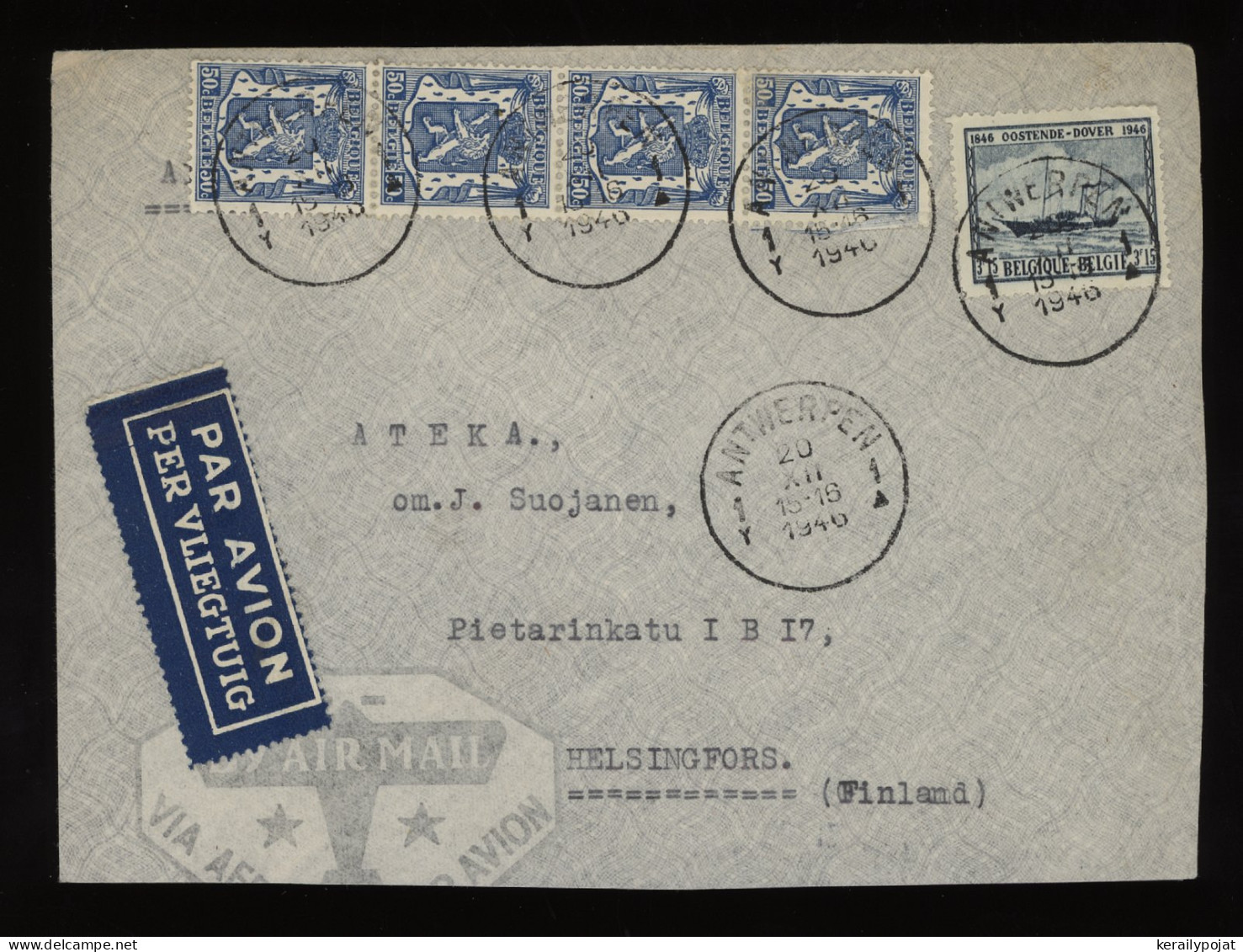 Belgium 1946 Antwerpen Air Mail Cover To Finland__(10448) - Covers & Documents