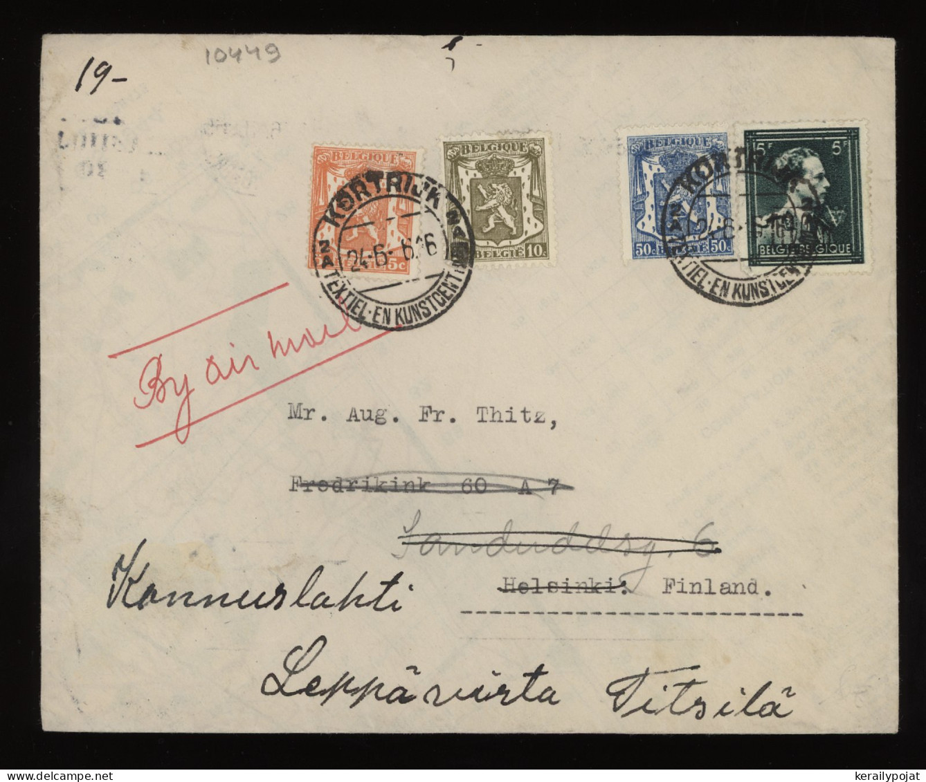 Belgium 1946 Kortrijk Air Mail Cover To Finland__(10449) - Covers & Documents