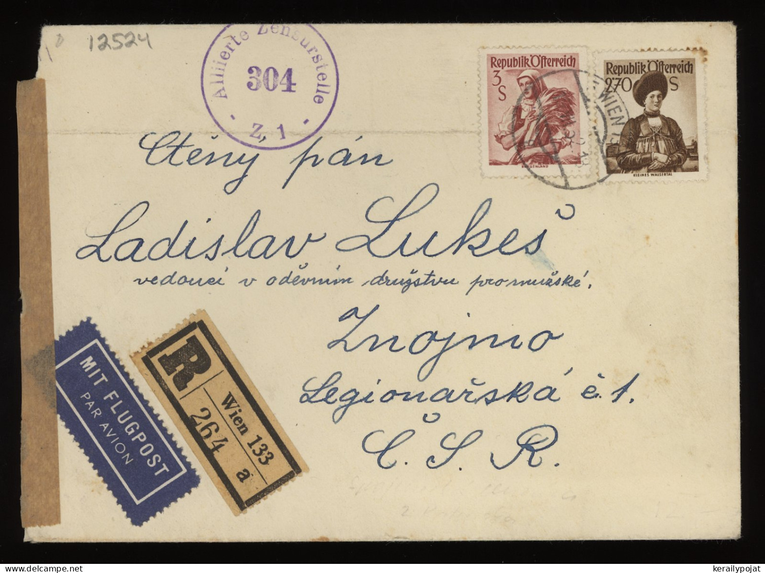 Austria 1952 Wien 133 Ew Air Mail Cover To Czechoslovakia__(12524) - Covers & Documents