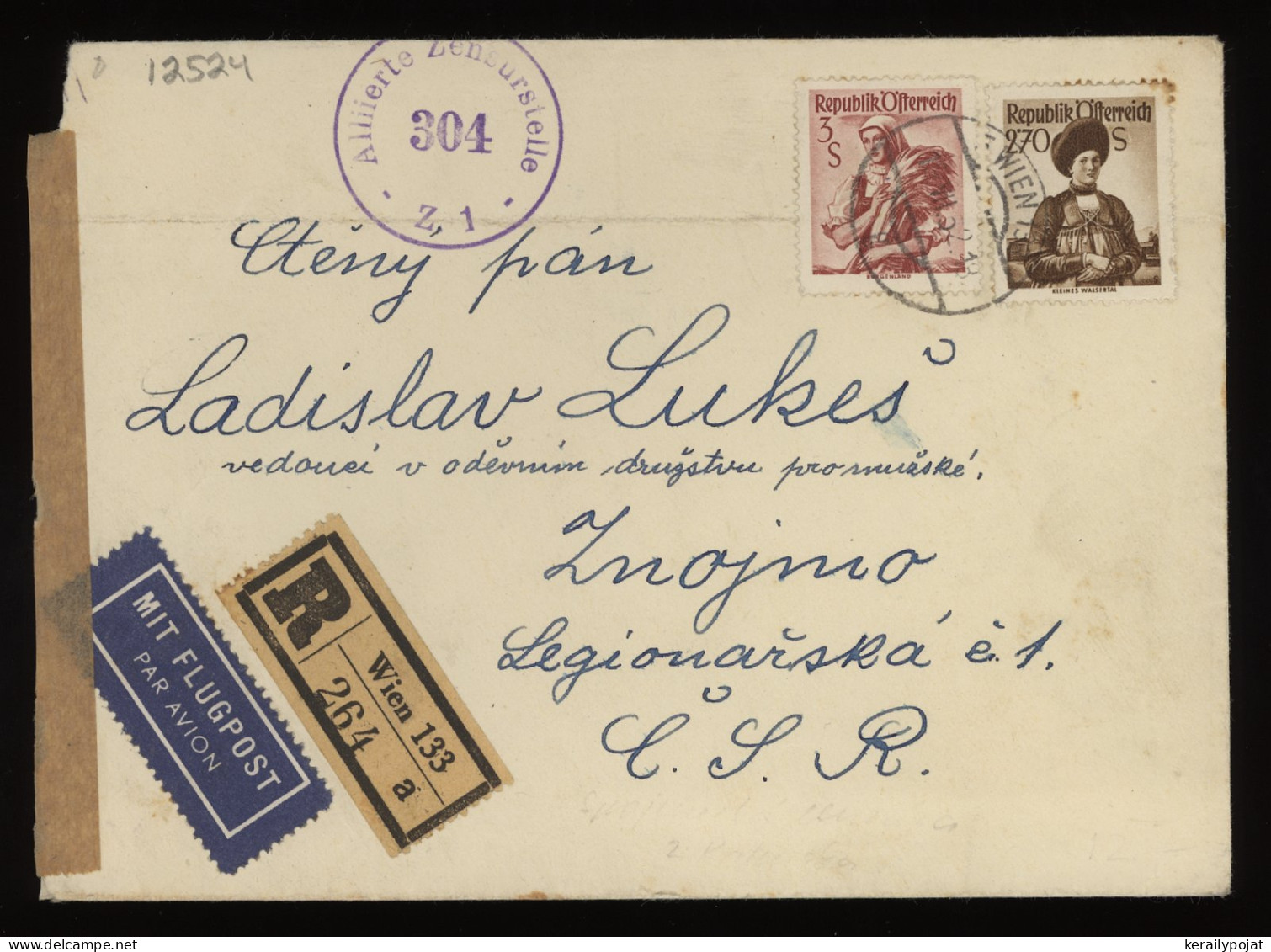 Austria 1952 Wien 133 Ew Air Mail Cover To Czechoslovakia__(12524) - Cartas & Documentos