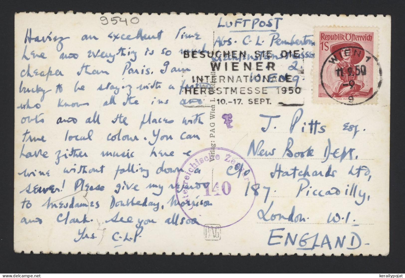 Austria 1950 Wien 1 Censored Air Mail Card To UK__(9540) - Cartas & Documentos