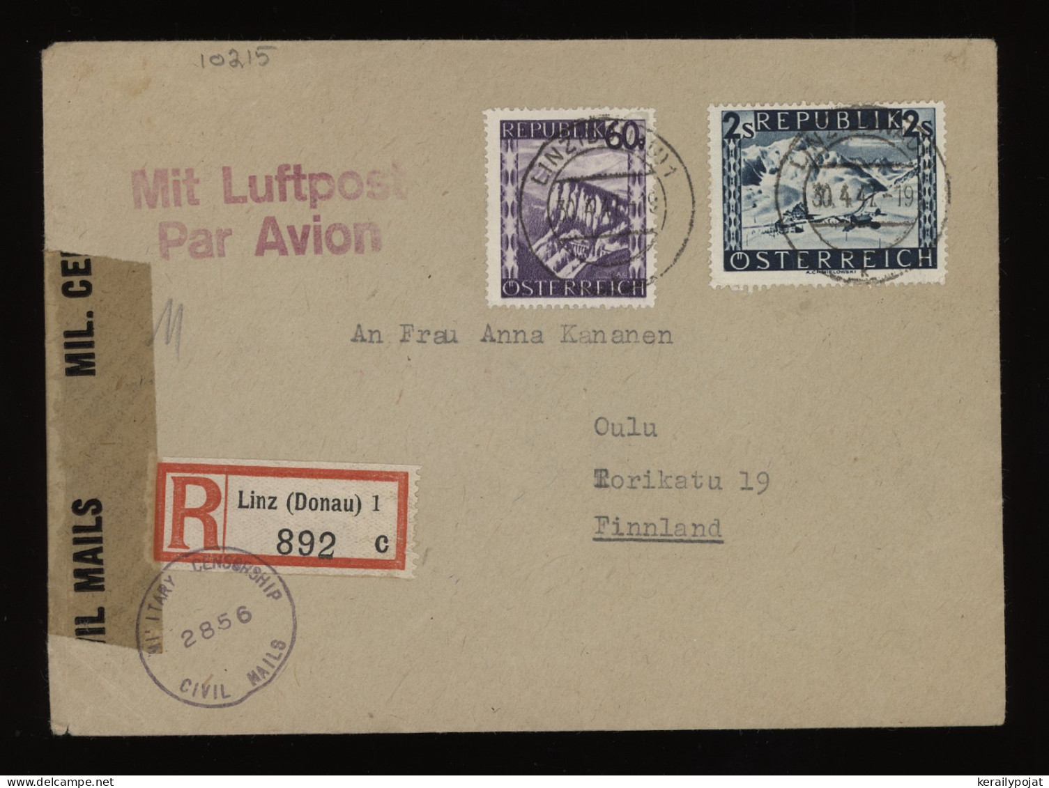 Austria 1947 Linz Censored Air Mail Cover To Finland__(10215) - Lettres & Documents