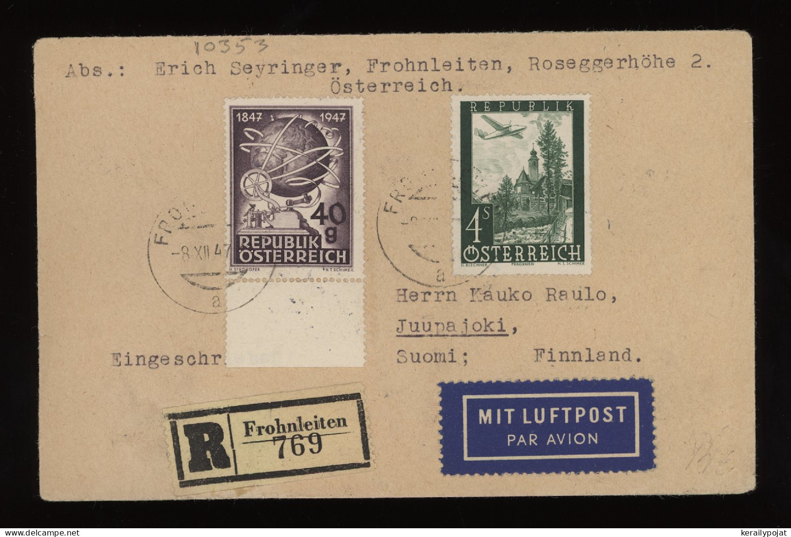 Austria 1947 Frohleiten Air Mail Cover To Finland__(10353) - Lettres & Documents