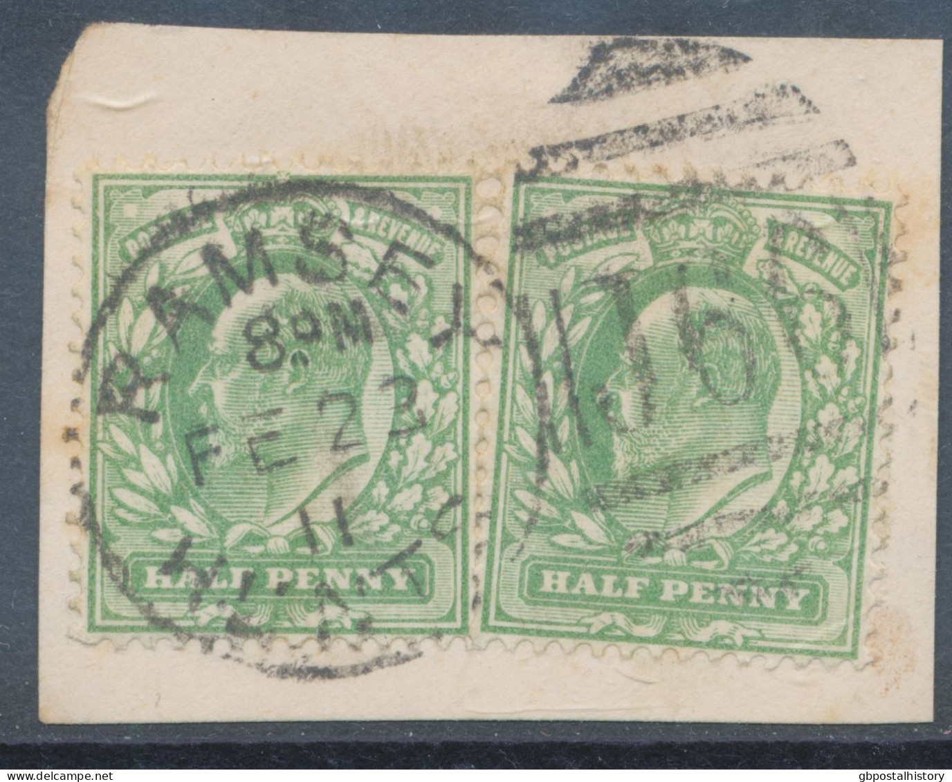 GB EVII ½d  Yellowish Green (pair) VFU On Piece With Duplex „RAMSEY / HUNTS / J66“, Huntingdonshire (3VOD, Time In Full - Used Stamps