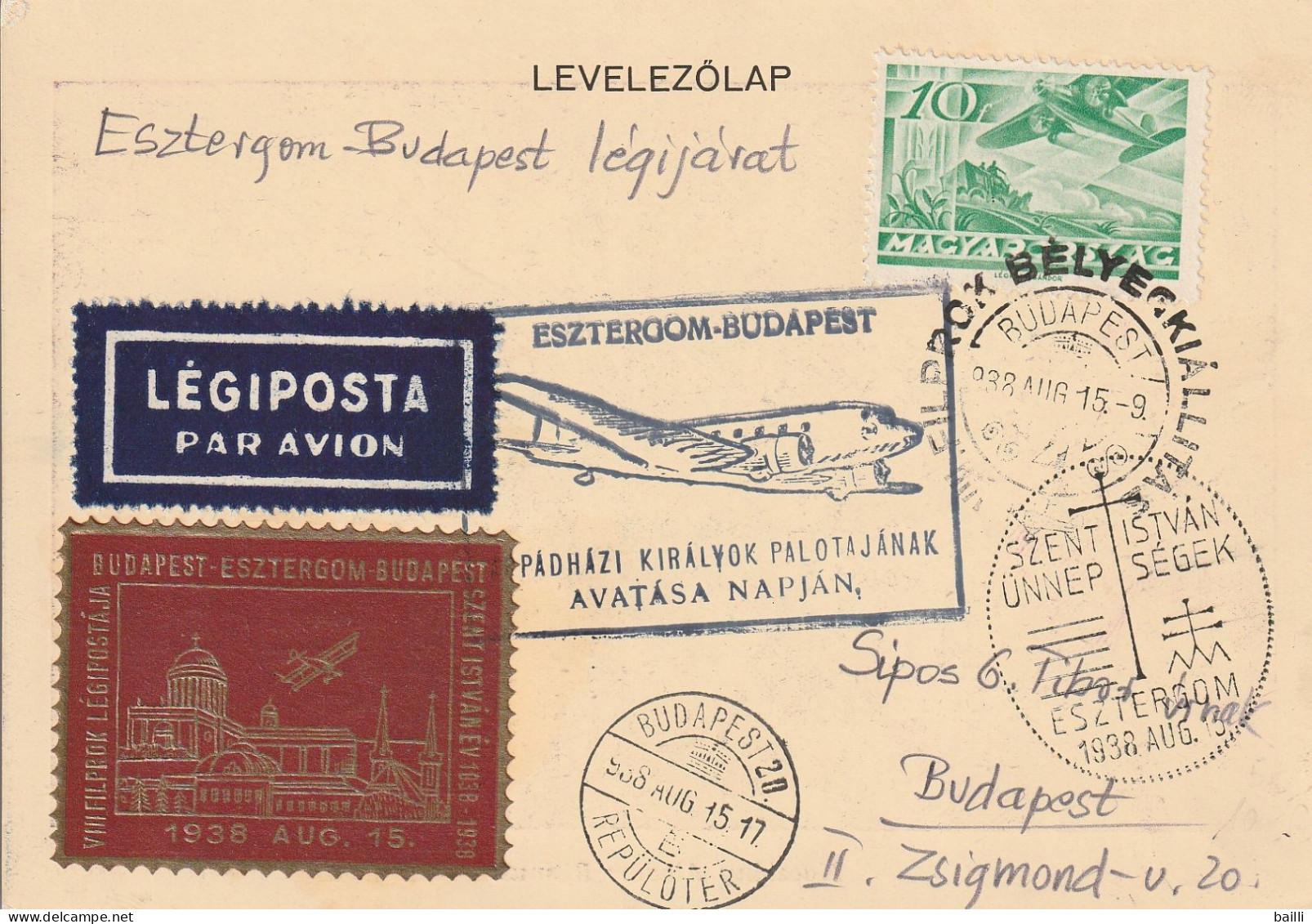 Hongrie Carte Aviation + Vignette 1938 - Lettres & Documents