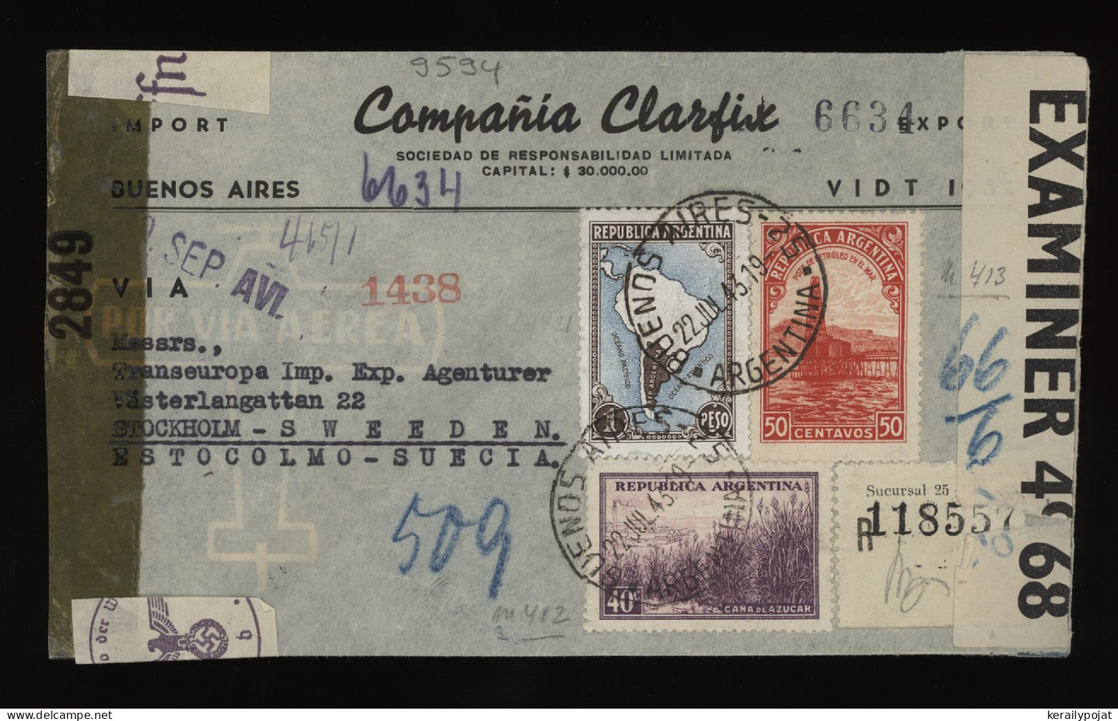 Argentina 1943 Buenos Aires Censored Air Mail Cover To Sweden__(9594) - Poste Aérienne