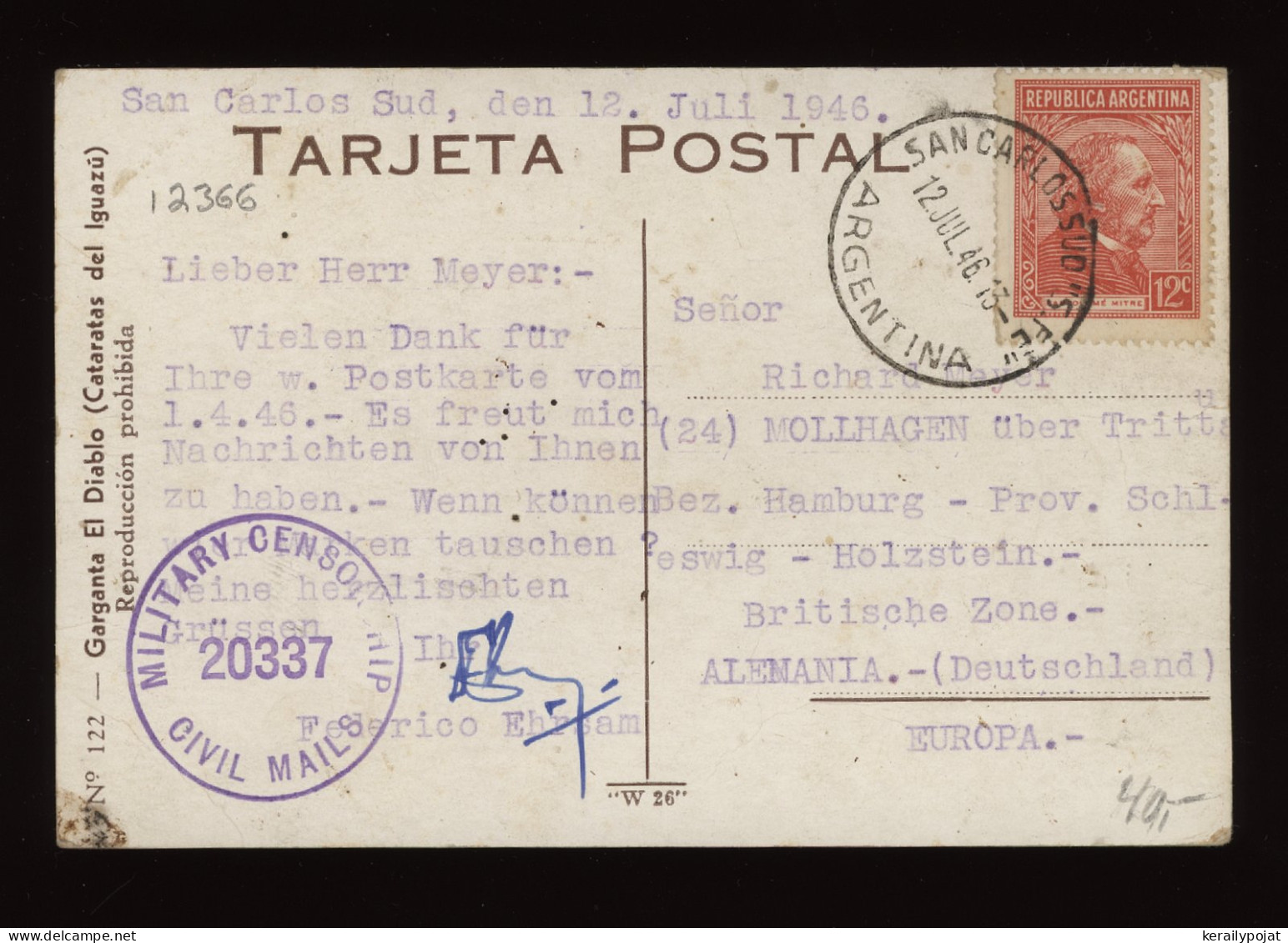 Argentina 1946 San Carlos Censored Postcard To Germany__(12366) - Storia Postale