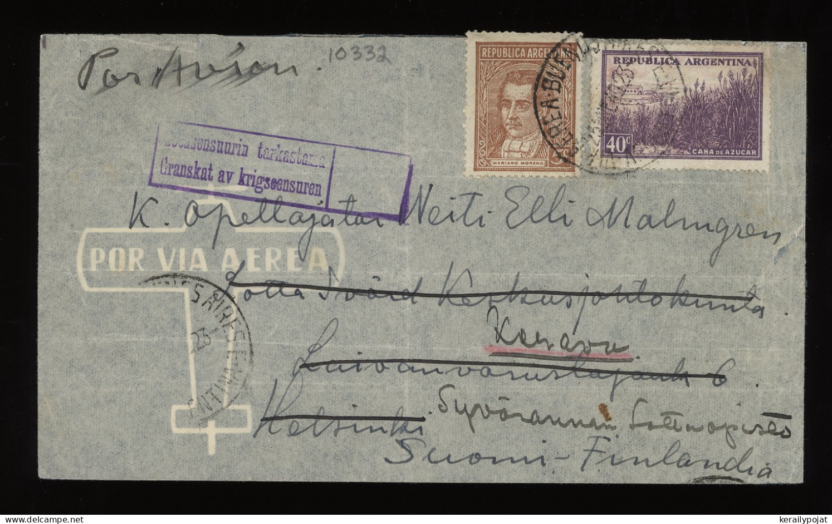 Argentina 1940 Buenos Aires Censored Air Mail Cover To Finland__(10332) - Aéreo