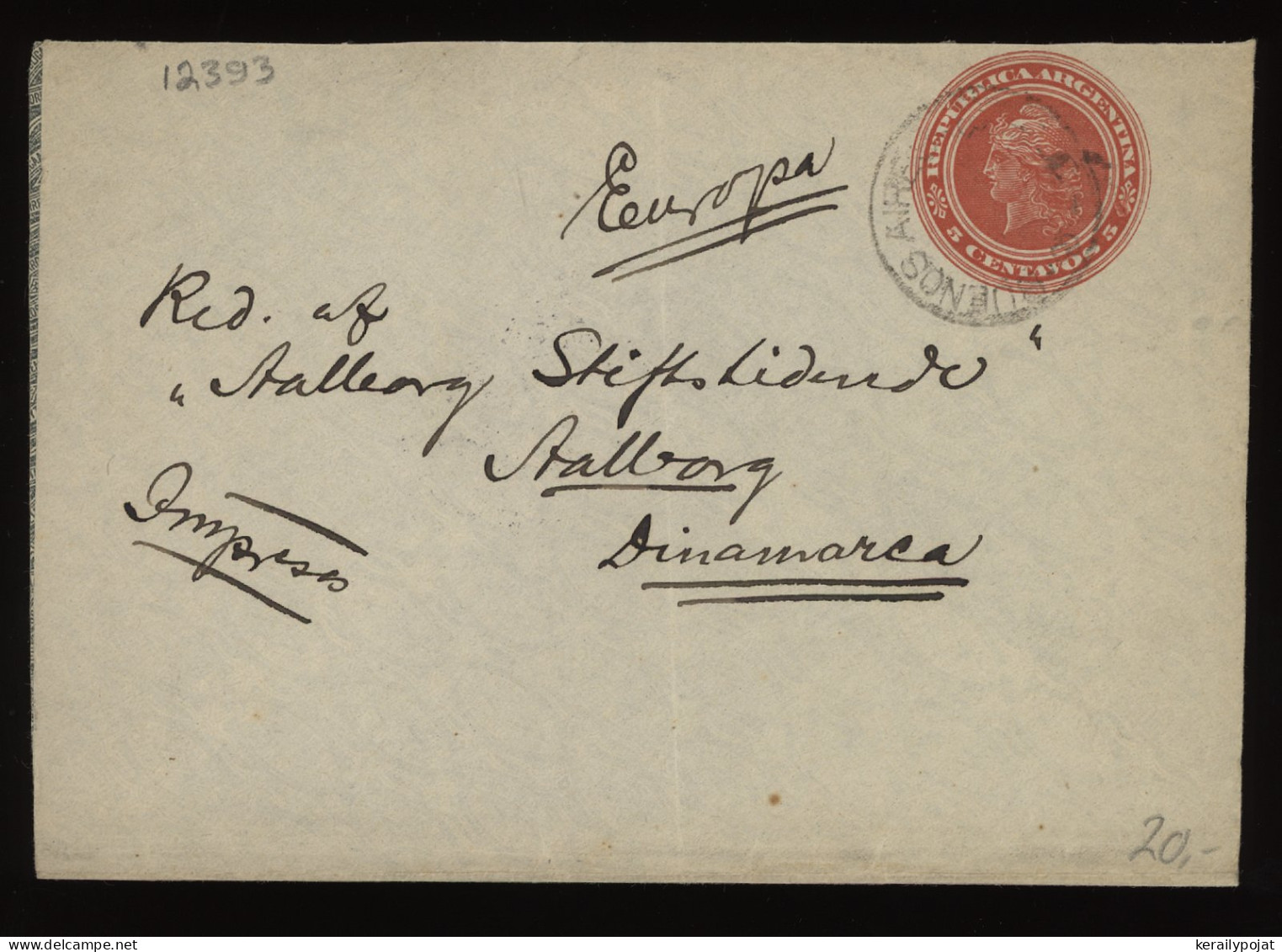 Argentina 1903 5c Red Stationery Envelope To Denmark__(12393) - Enteros Postales