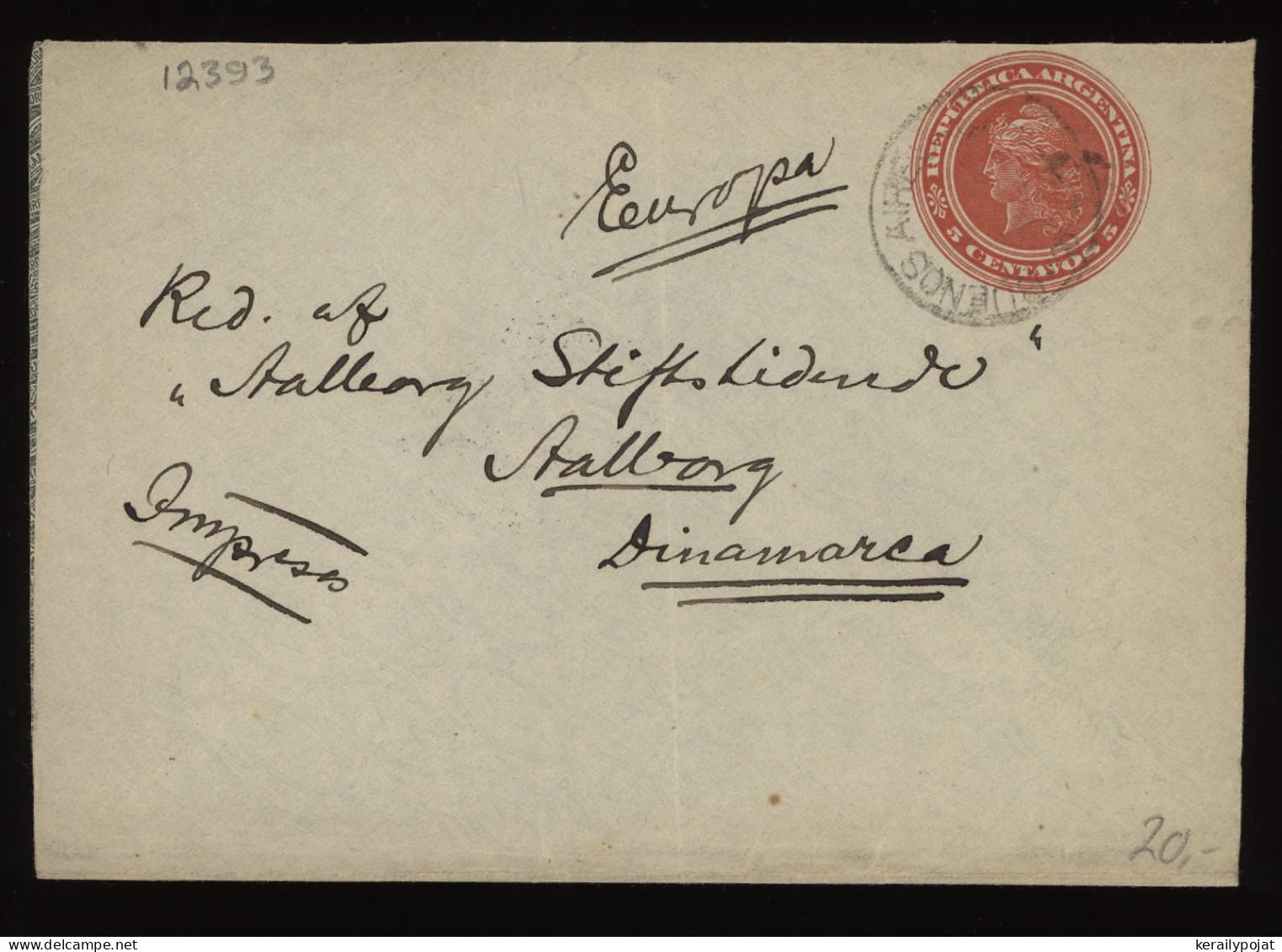 Argentina 1903 5c Red Stationery Envelope To Denmark__(12393) - Entiers Postaux