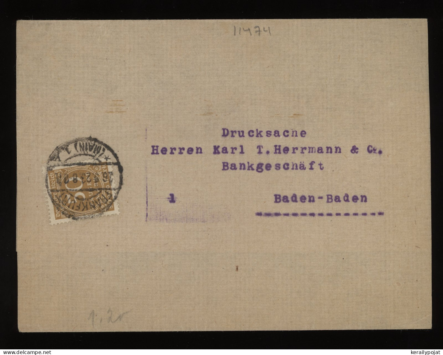 Germany 1923 Frankfurt Wrapper To Baden-Baden__(11474) - Briefe