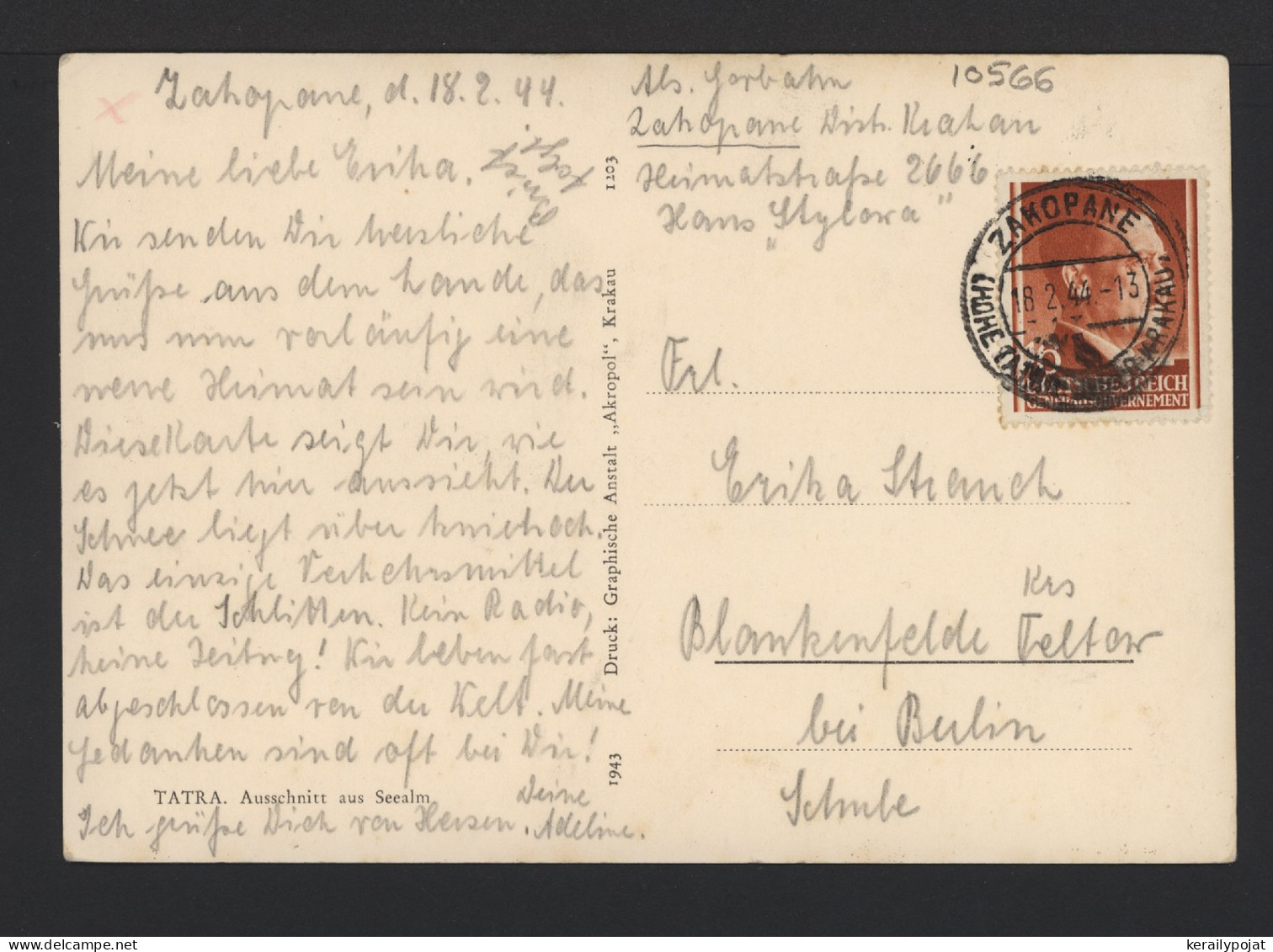 General Government 1944 Zakopane Postcard To Berlin__(10566) - Gouvernement Général