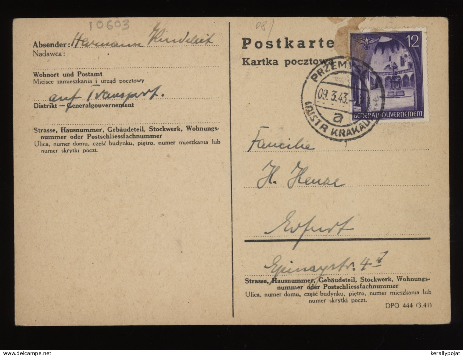 General Government 1943 Premysl Postcard To Erfurt__(10603) - Generalregierung