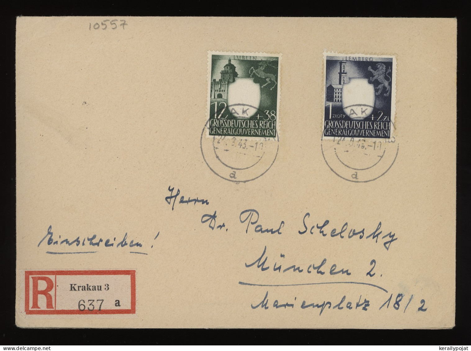 General Government 1943 Krakau 3 Registered Cover To Munchen__(10557) - Generalregierung