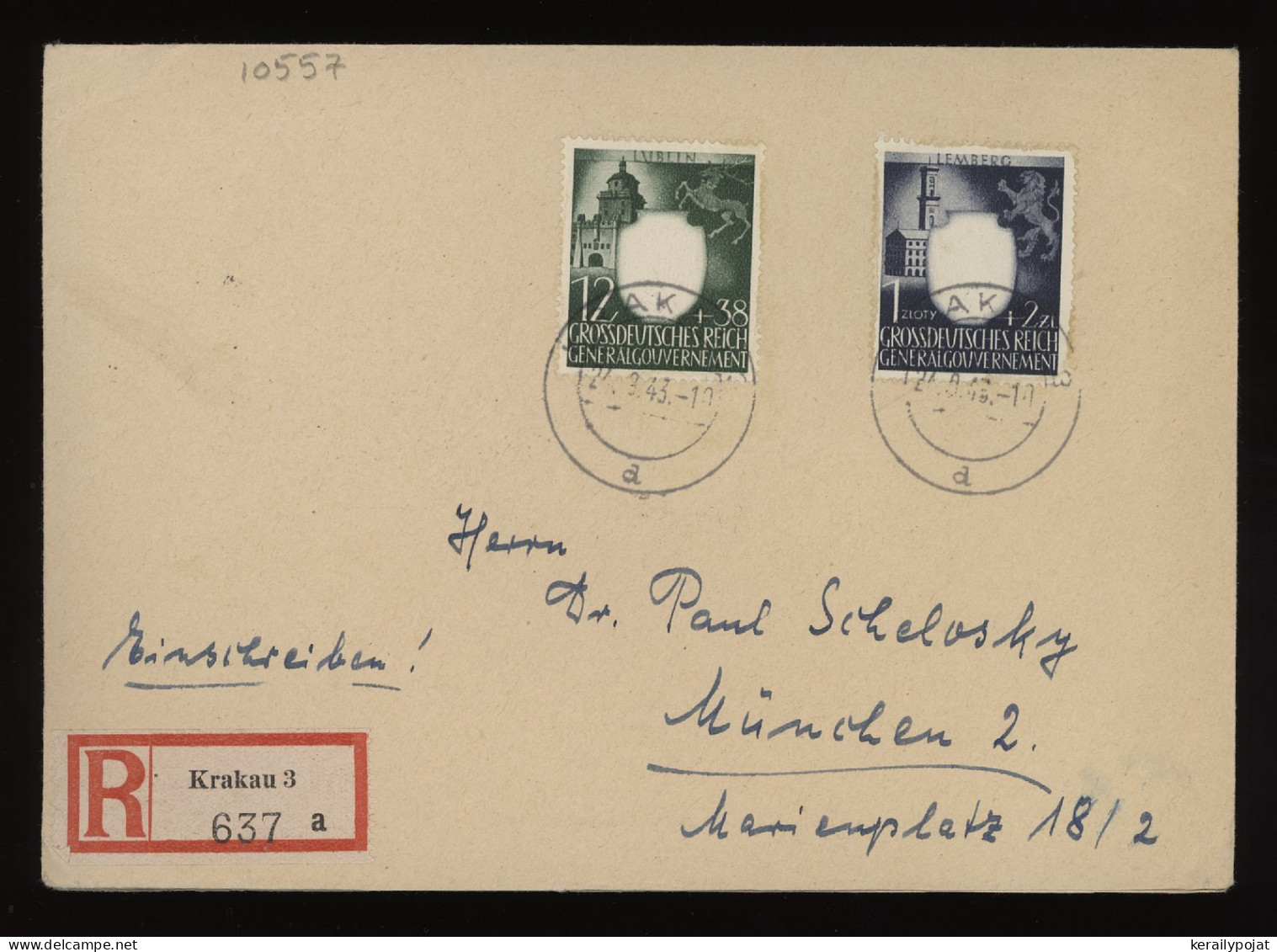 General Government 1943 Krakau 3 Registered Cover To Munchen__(10557) - General Government