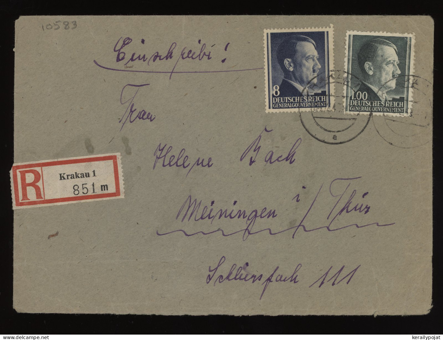 General Government 1943 Krakau 1 Registered Cover To Meiningen__(10583) - Algemene Overheid