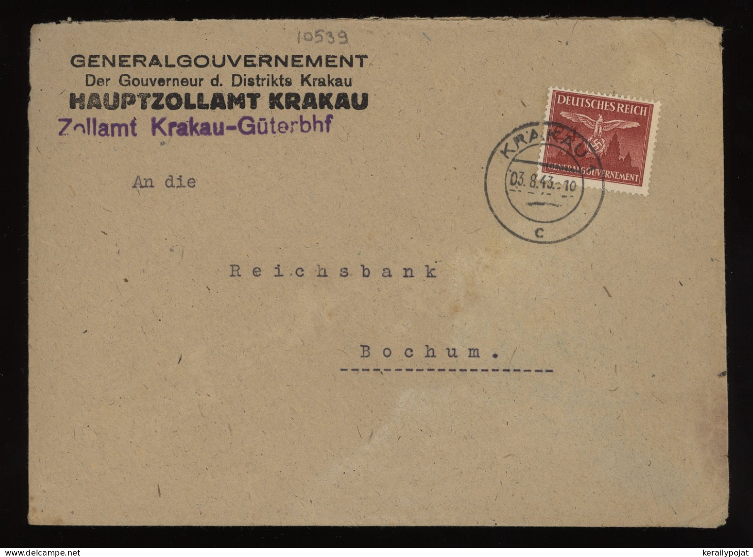 General Government 1943 Krakau 1 Business Cover To Bochum__(10539) - Generalregierung