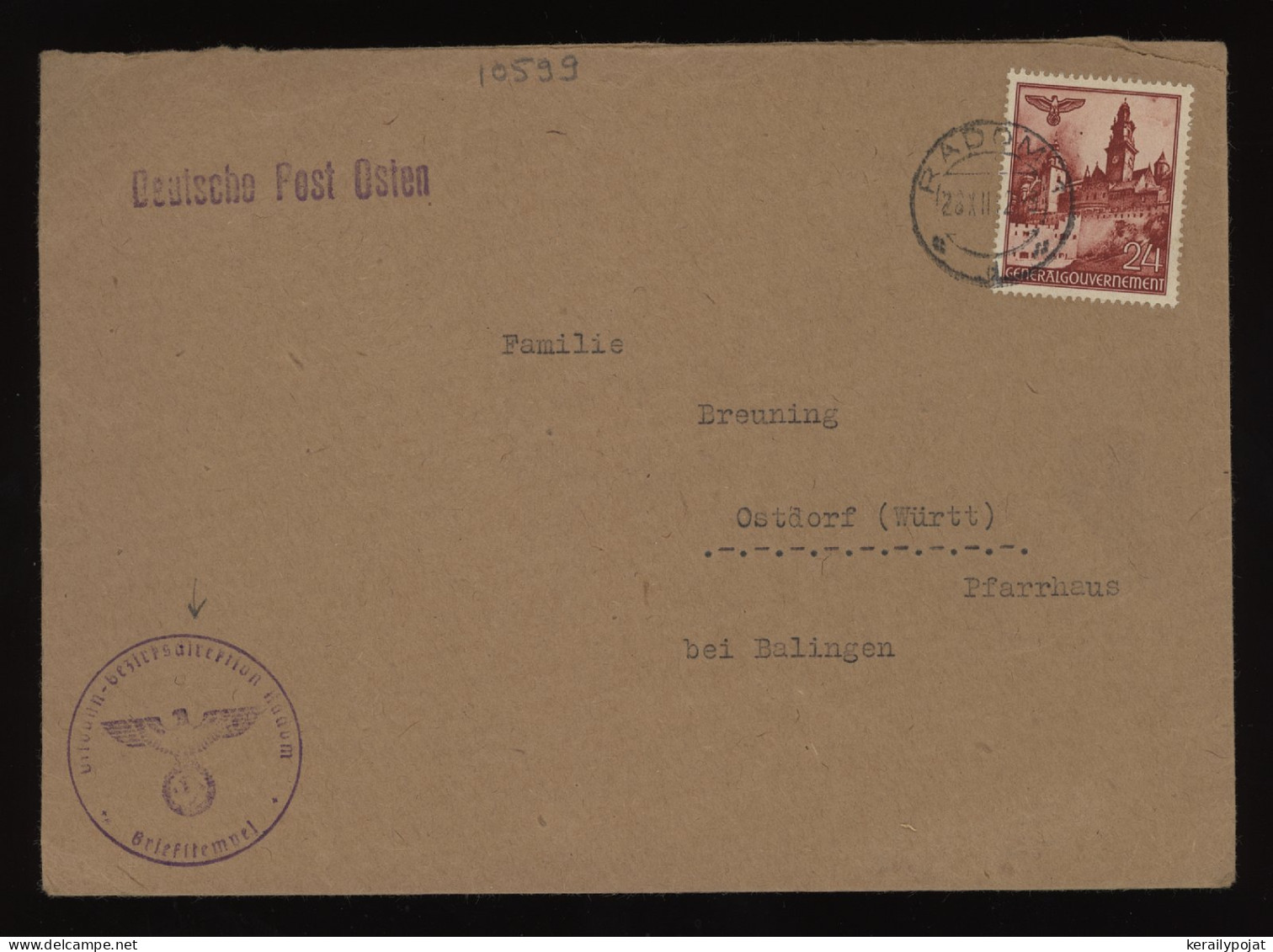 General Government 1942 Radom Cover To Ostdorf__(10599) - Generalregierung