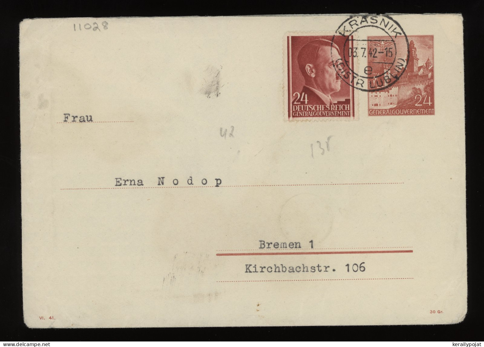 General Government 1942 Krasnik Stationery Envelope To Bremen__(11028) - Algemene Overheid