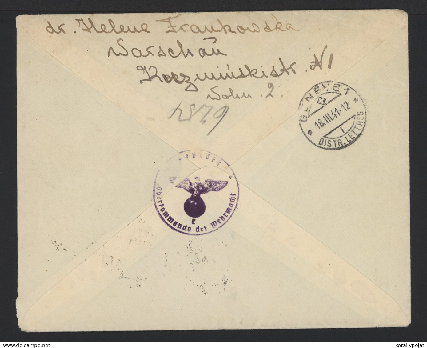 General Government 1941 Warschau Registered Cover To Switzerland__(10606) - Generalregierung