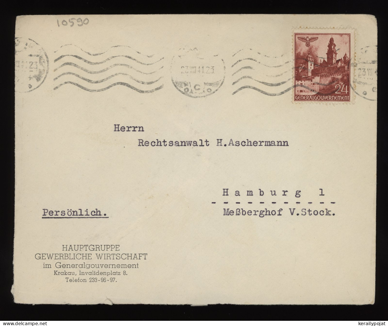 General Government 1941 Krakau Business Cover To Hamburg__(10590) - Gobierno General