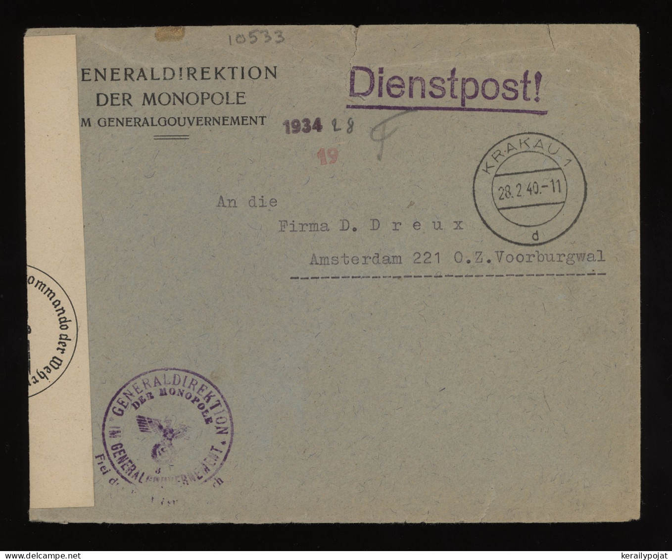 General Government 1940 Krakau Dienspost Cover To Netherlands__(10533) - Gouvernement Général