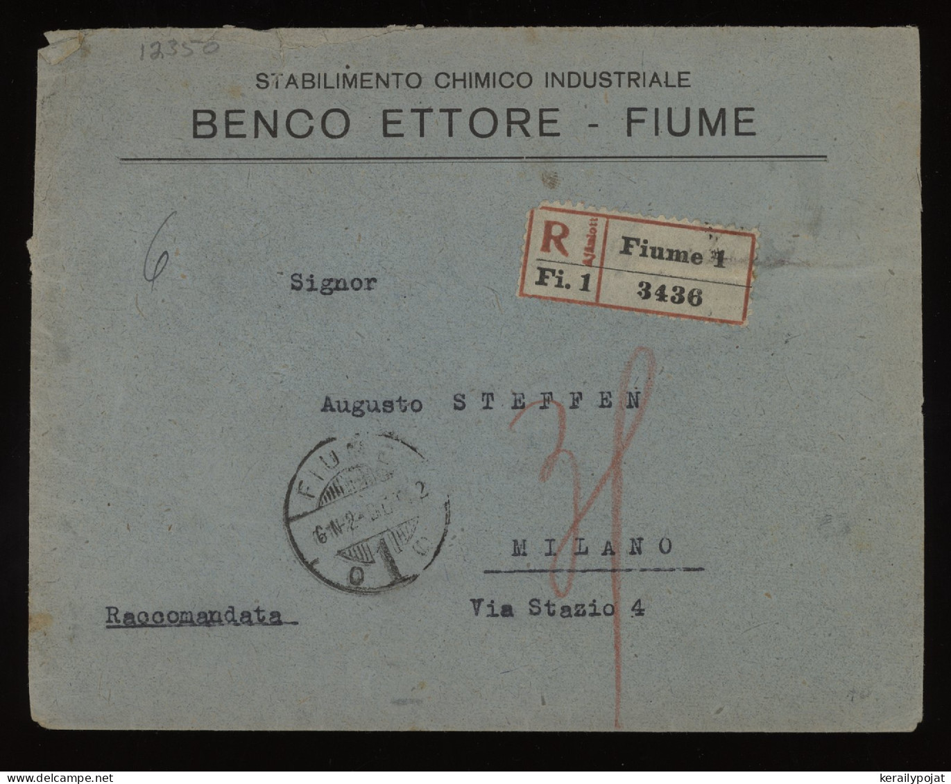 Fiume 1922 Fiume Registered Cover To Milano__(12350) - Fiume