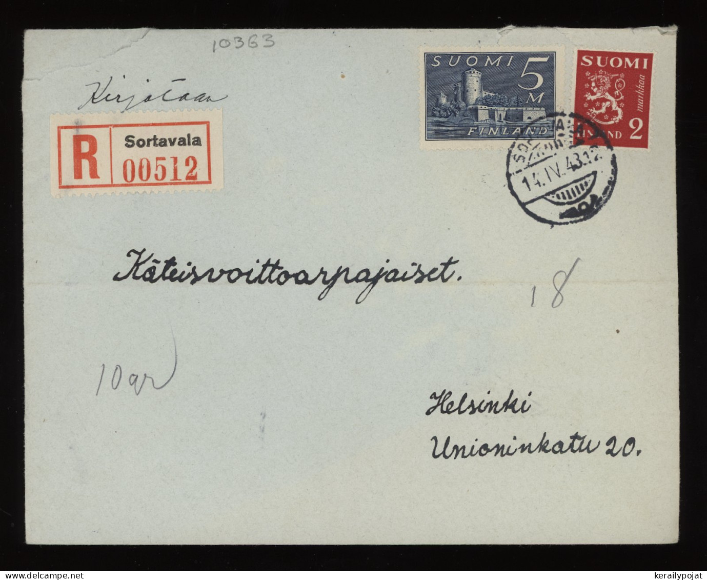 Finland 1943 Sortavala Registered Cover__(10363) - Briefe U. Dokumente