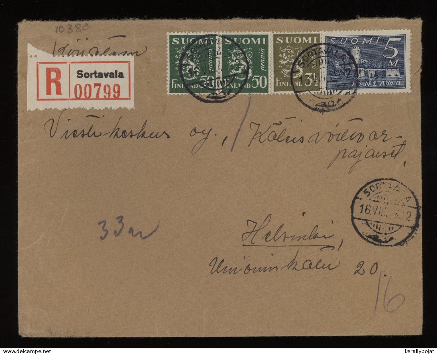 Finland 1943 Sortavala Registered Cover__(10380) - Lettres & Documents