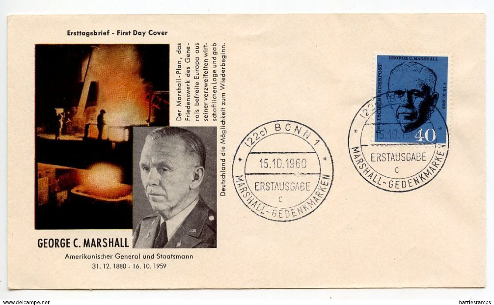 Germany, West 1960 FDC Scott 821 U.S. General & Statesman George C. Marshall - 1948-1960