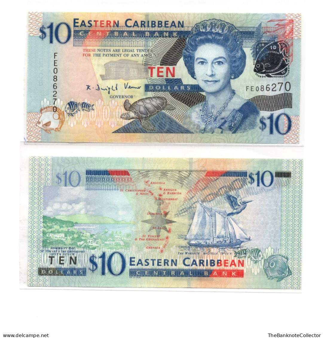 Eastern Caribbean Central Bank 10 Dollars ND 2008 QEII P-48 UNC - East Carribeans