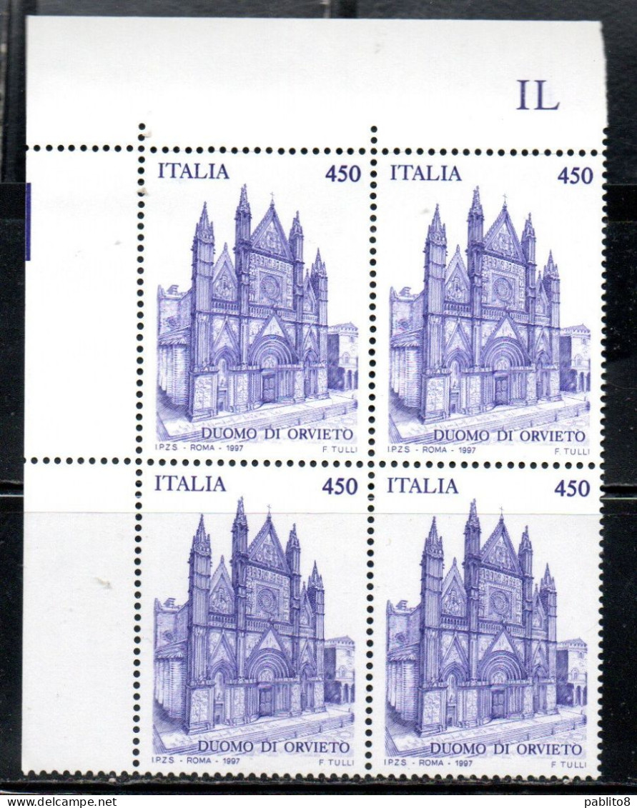 ITALIA REPUBBLICA ITALY REPUBLIC 1997 DUOMO DI ORVIETO CATHEDRAL QUARTINA ANGOLO DI FOGLIO BLOCK MNH - 1991-00: Nieuw/plakker