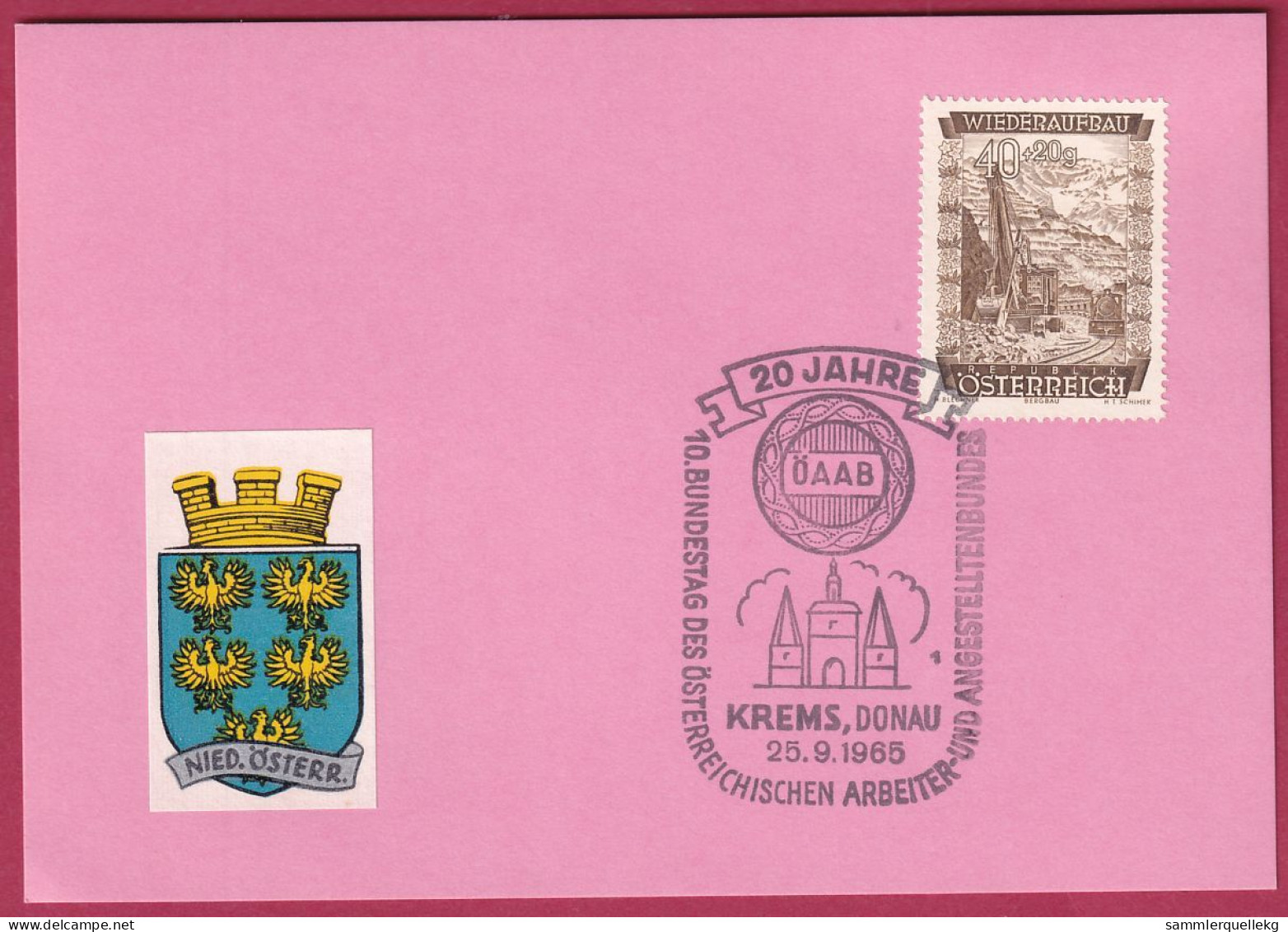 Österreich MNr. 861 Sonderstempel 25. 9. 1965 Krems An Der Donau 20 Jahre ÖAAB - Lettres & Documents