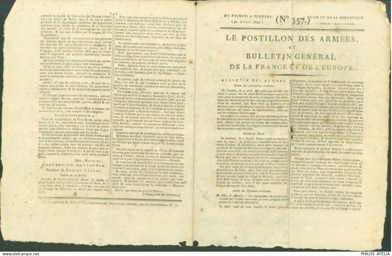 Journal Le Postillon Des Armées & Bulletin Général De La France & Europe 30 4 1794 Mort Général Dagobert - Newspapers - Before 1800