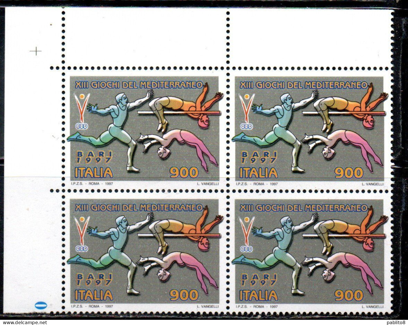 ITALIA REPUBBLICA ITALY REPUBLIC 1997 GIOCHI DEL MEDITERRANEO GAMES BARI QUARTINA ANGOLO DI FOGLIO BLOCK MNH - 1991-00: Mint/hinged