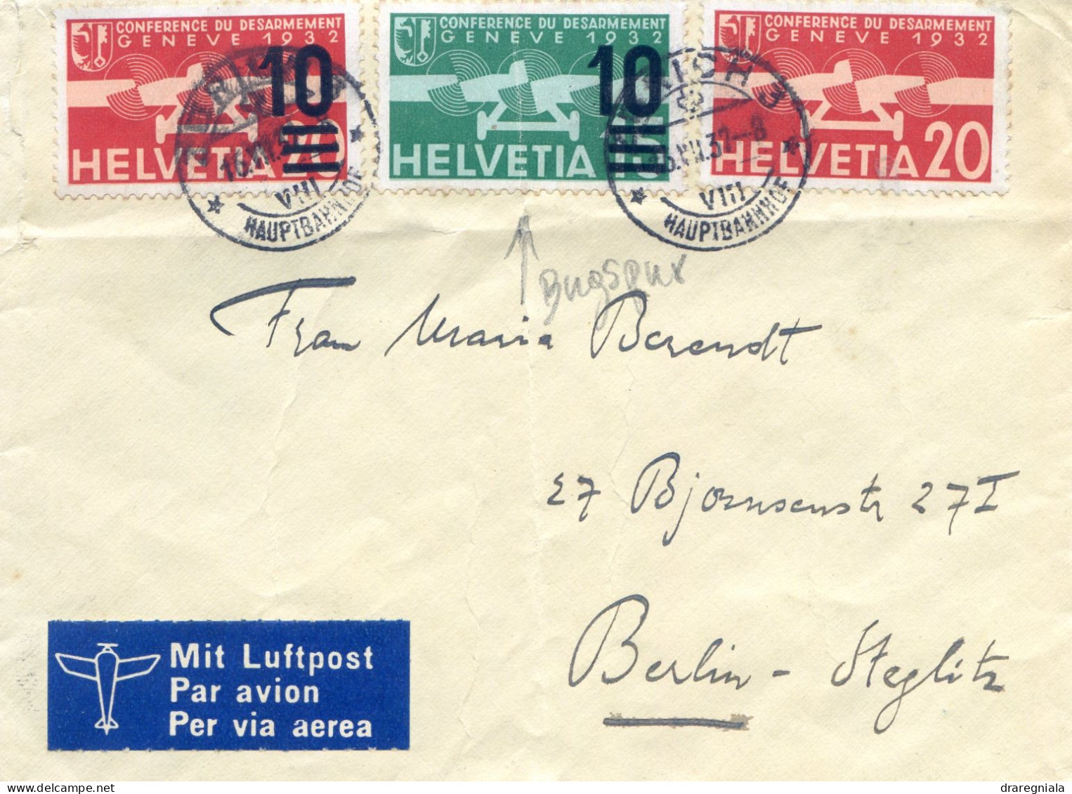 Lettre De Zurich 3 Hauptbahnhof 1937 Pour Berlin - Par Avion Avect Timbres N°17 20 21 - Andere & Zonder Classificatie