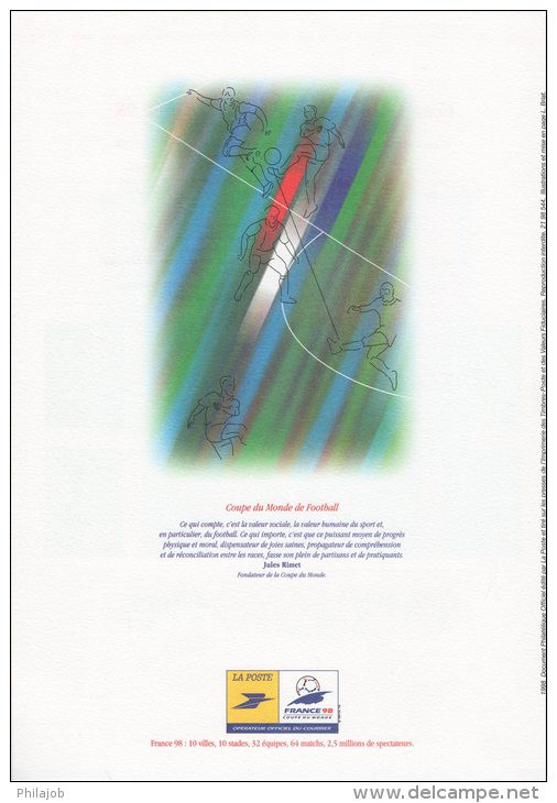 (faciale = 4.60 €) " COUPE DU MONDE - FRANCE 98 " Sur Document Officiel De 4 Pages. N° YT  BF 19 . En Parfait état. DPO - 1938 – Francia