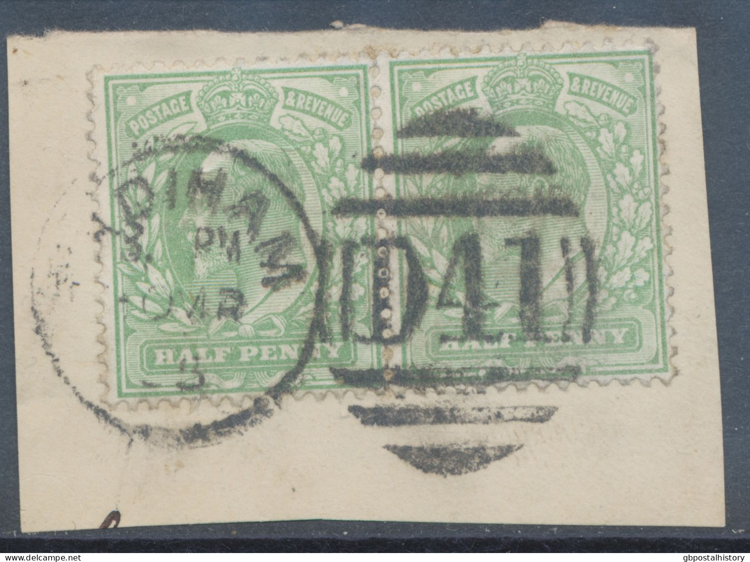 GB EVII ½d  Yellowish Green (pair) VFU On Piece With Duplex „PADIHAM / D41“, Lancashire (3VOD, Time In Full 8. PM), 10.3 - Used Stamps