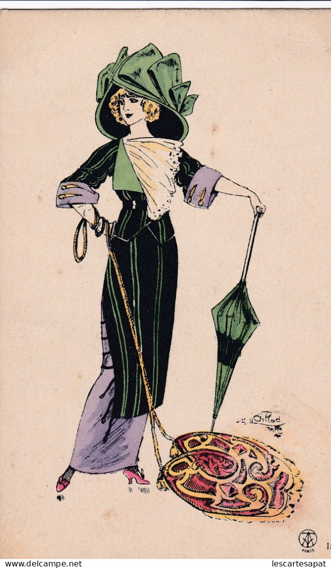 Femme Avec Chapeau Vert Et Ombrelle - Illustrateur Naillod - Paris - Naillod