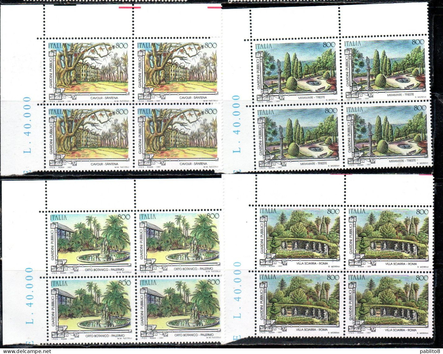 ITALIA REPUBBLICA ITALY REPUBLIC 1997 GIARDINI STORICI HISTORIC GARDENS SERIE COMPLETA SET QUARTINA ANGOLO DI FOGLIO MNH - 1991-00:  Nuevos