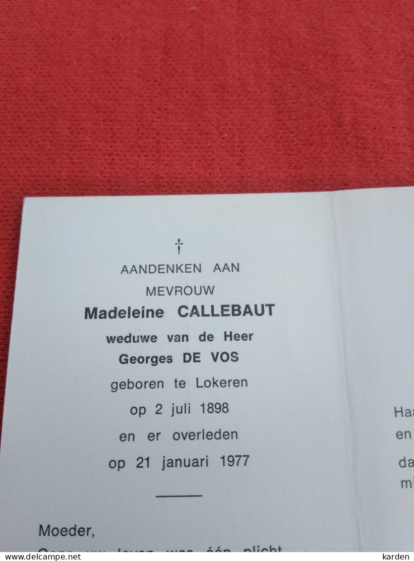 Doodsprentje Madeleine Callebaut / Lokeren 2/7/1898 - 21/1/1977 ( Georges De Vos ) - Religion & Esotérisme