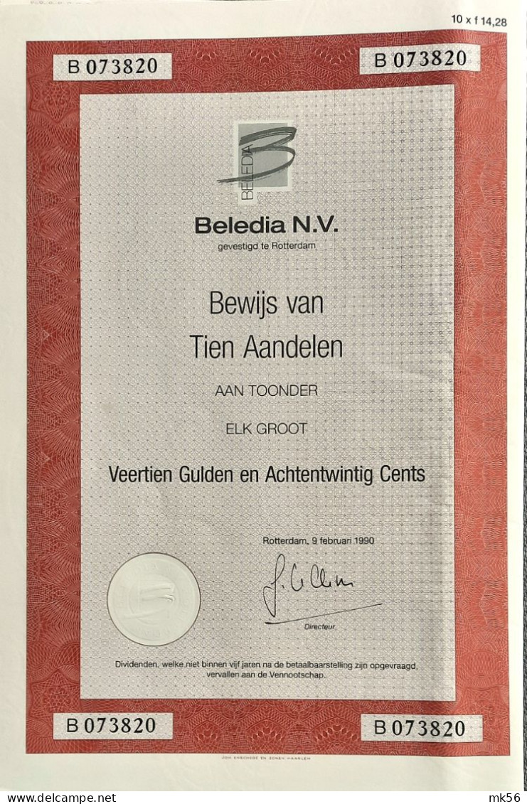 Beledia - Rotterdam - Bewijs Van 10 Aandelen - 1990 - Agricultura