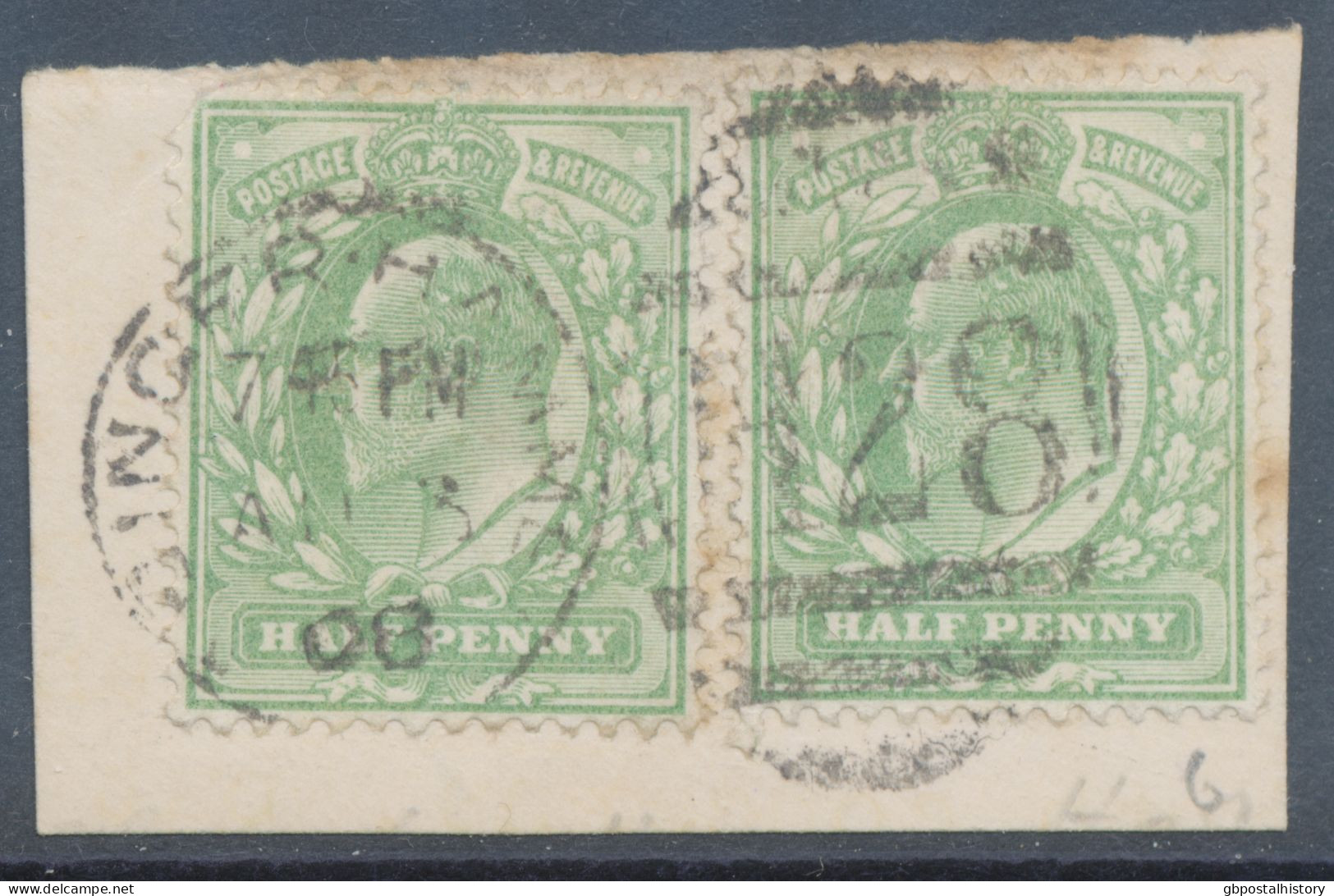 GB EVII ½d  Yellowish Green (pair, One Faults) VFU On Piece With Duplex „ABINGER-HAMMER / H28“, Surrey (3VOD, Time In Fu - Used Stamps